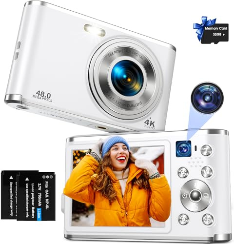 Digitalkamera, AutoFocus 4K Fotokamera mit Dual-Kamera（Weiß） | 32GB Karte,16X Digitalzoom,2,8 großem Bildschirm Vlogging Kamera Tragbare Point-and-Shoot-Kameras für Teenager