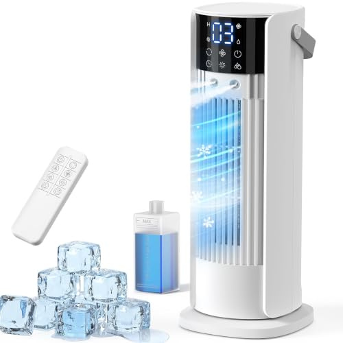 Aire Acondicionado Portátil Sin Tubo Exterior, 4 en 1 Ventilador Refrigeración, 3 Niveles de Velocidad, Función de Nebulización, Oscilación de 90°, Pantalla LED, con Mando a Distancia (Blanco)