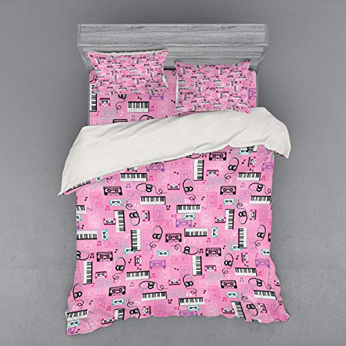 Ambesonne Pink Duvet Cover Set, Listen to Music Theme Vintage Cassettes Headphones Keyboards Funky Retro Illustration, 4 Piece Bedding Set with Shams and Fitted Sheet, Queen Size, Pink