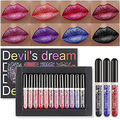 12 Colors of Diamond Shining Sparkly Liquid Lipstick Set, Dulele Waterproof Long Lasting Metaliic Glitter Matte Lip Gloss Kit Cosmetics Makeup for Halloween, Festival & Holiday
