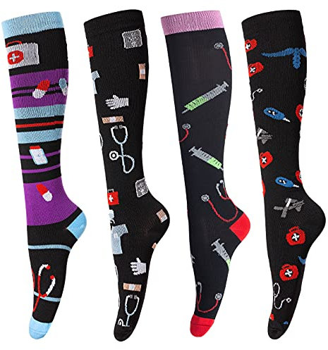 4 Paar Kompressionsstrümpfe für Damen und Herren Bunte Kompressionssocken mit 15-25 mmHg Stützstrümpfe für Sport Medizin Laufen Reisen Flug Schwangerschaft Krankenschwester, medizinisch/Schwarz, L-XL