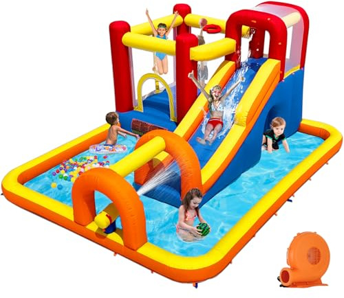Baralir Inflatable Bounce House Water Park with Long Water Slide & Large Splash Pool Fits 5 Kids, Endless Fun of Jumping, Sliding, Climbing - Extra Cave and Tunnel Adventure and Water Cannon