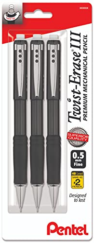 Pentel Mechanical Pencil 0.5 mm Twist Erase III, Twist Up Eraser, Pre-Loaded Super Hi-Polymer HB Lead, Black Barrel, 3-Pack