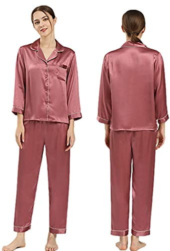 Seres Pigiama da donna in seta, camicia da notte e pantaloni, 9+ colori, 100% seta (principale), 真丝睡衣, Viola, M