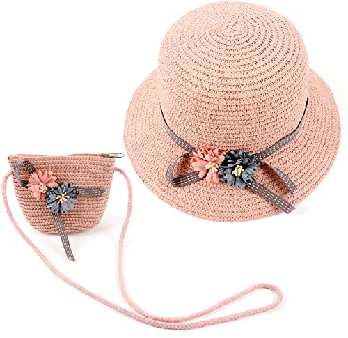 MAMUNU Strohhut und Kleine Tasche Set, Sommer Sonnenhut Mädchen Kinder, Kinderstrohhut mit Blumendekoration für den Tourismus Urlaub Reise Strand Outdoor-Aktivitäten