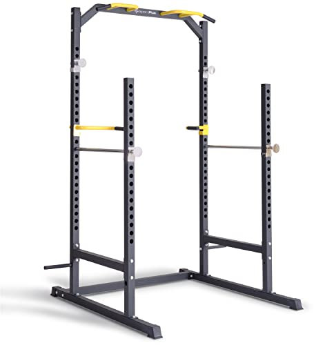 SportPlus Power Rack mit Klimmzug-Station, Dip-Station, Langhantelablage, Haltevorrichtungen zur Ablage von Gewichten, stabile und Massive Stahlrohrkonstruktion, Power Cage, schwarz gelb