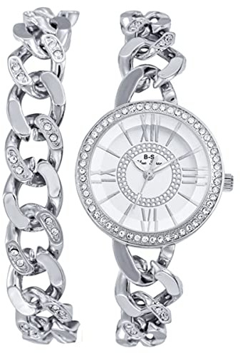 CdyBox Lady Diamond Watch Women Chain Link Watch Set Bracelet Model Quartz Wirstwatch Bracelet Set (Silver)