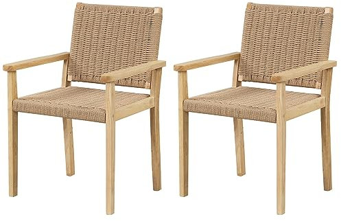COSTWAY 2er Set Gartenstühle Holz, Esszimmerstühle mit Seilgeflecht & Rückenlehne & Armlehne, Terrassenstuhl Holzstuhl bis zu 180 kg belastbar, Balkonstuhl für Veranda Küche, 60 x 58 x 88 cm, Natur