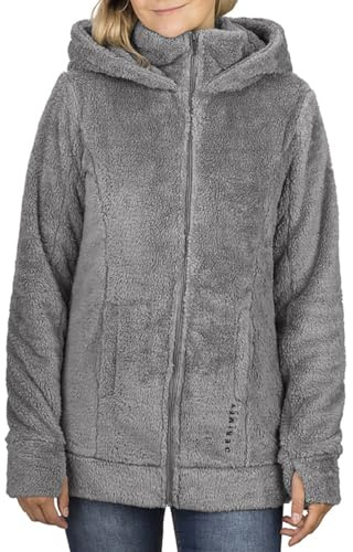 DENIMFY fleecejacka dam med huva DFMila teddyfleece huvjacka vinterjacka övergångsjacka grå svart antracit S M L XL XXL, Vit antracit grå melerad (63404), L