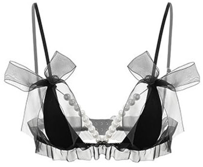 QIRUIRED Women Bras Sexy Lingerie Lace Unlined Womens Underwear See Through Lace Bra Adjustable Straps Pearls Underwire Bralette Sheer Lingerie Black