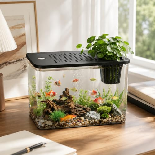 Micro Landscape Desktop Aquarium - Clear Plastic Fish Tank Kit With Transparent Bowl for Betta, Goldfish, Shrimp, Turtle (Black)