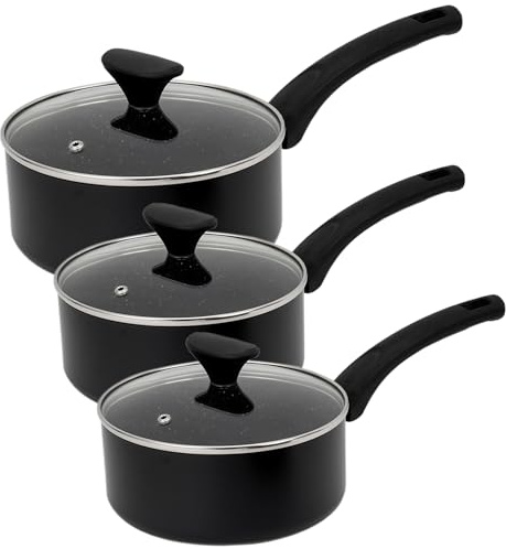 Inducation Base Non Stick Saucepan Set, 16/18/20cm 3 Piece Aluminium Sauce Pot with Tempered Glass Lid, Gas,Ceramic and Electric Hobs Dishwasher Safe Milk Pan with Bakelite Handle