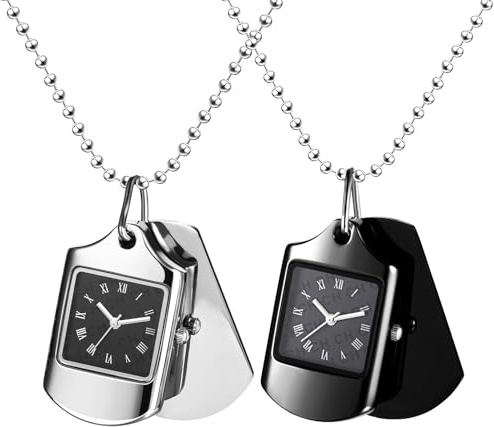 JewelryWe Taschenuhr Personalisierte Halskette mit Erkennungsmarke Analog Quarz Kettenuhr Römische Ziffern Rechteckig Militär Uhr Hundemarke Dog Tag Anhänger mit Gravur Soldaten Kette Unisex