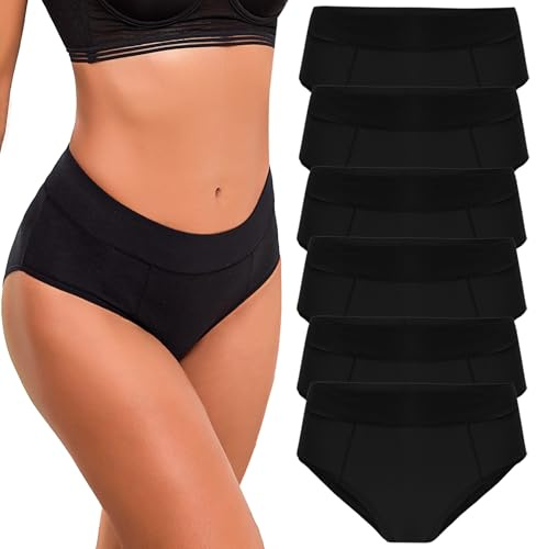 Bresdk Bragas Mujer Algodón Braguitas Cintura Media Ropa Interior Colores Lisos Cómodas y Suaves Pack de 6 Negro M