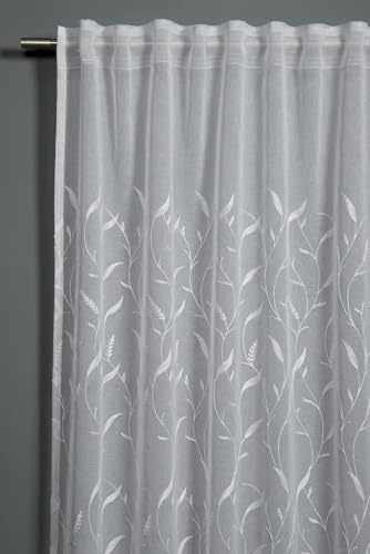Sehlbach Tenda pronta per l'uso con fettuccia, Ricamo in voile Dolly, Bianco, 140 x 245 cm, Traslucida, Opaca, Certificato Oeko-Tex, Fissaggio semplice