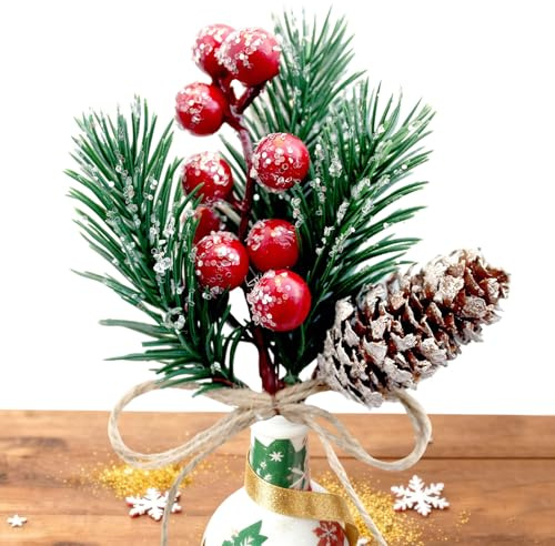 10 Pcs Artificial Holly Stem and Red Berry,Red Berry Pine Cones and Pine Branches for Christmas Table Decorations,Christmas Picks and Sprays Greenery Tree Picks for Birthday Wedding Halloween Decor