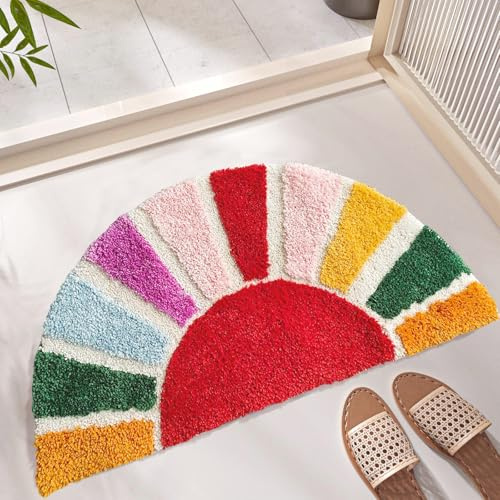 Dermalyx Halbkreis Boho Badezimmerteppich rutschfest Waschbar, Bunte Retro Badematte im Sonnen Design, Weicher Badteppich und Duschvorleger 40 x 76 cm