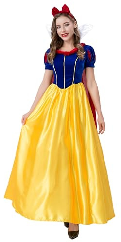 Monissy Déguisement Femme Adulte Robe Blanche Neige Longue Costume avec Cape Rouge Cosplay Halloween Carnaval Fête Soirée Noël Anniversaire Cadeau Vêtements,Jaune,2XL