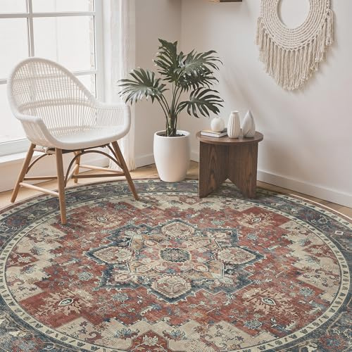 GENIMO Vintage matta rund 200 cm, tvättbara mattor, boho runda mattor, halkfri carpet, matta med tryck sovrum, barnrum, klassisk röd