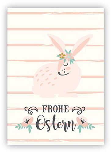 Im 16er Set privat & business: Süße rosa Vintage Osterkarte mit Blumen Osterhase auf Streifen: Frohe Ostern • Klappkarten im Set mit Umschlägen als Oster Grußkarten, Gutschein, Geschenk-karten