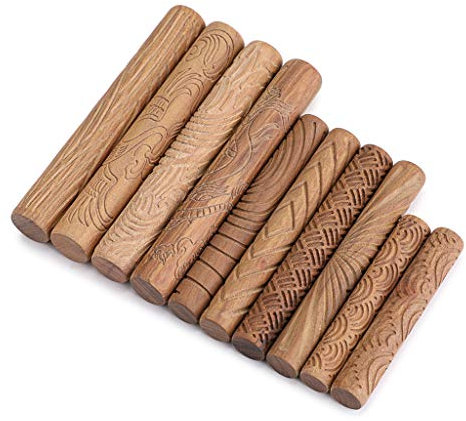 OwnMy Set of 10 Clay Modeling Pattern Rollers Kit, Dragon Phoenix Propitious Clouds 3D Geometry Cookie Radial Rays Prismatic Wood Wave Pattern Clay Rolling Pin Textured Wooden Handle Pottery Tools Set
