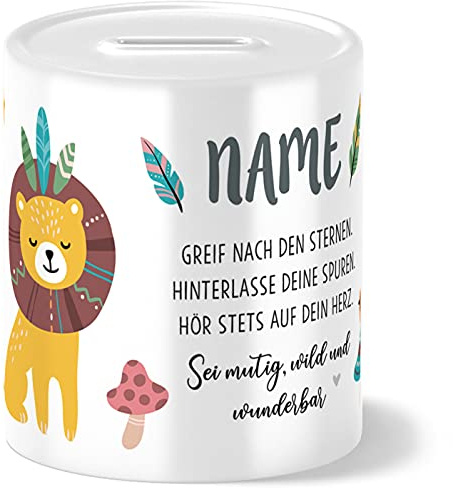 OWLBOOK® Kinder Spardose Löwe | personalisierte Geschenke Konfirmation Jugendweihe Kommunion Firmung Einschulung Geburt Baby Kind | Geburtstagsgeschenke Kinder | Keramik