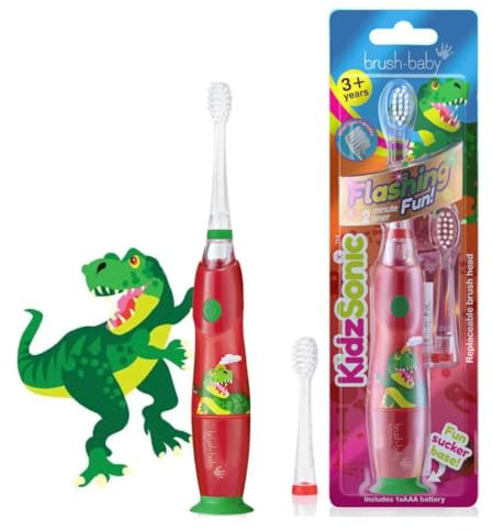 Brush-Baby - Dinosaur KidzSonic Kids Electric Toothbrush, 3+ Years - DeepClean Bristles, Suction Base - Fun Design with Flashing Disco Lights - 2 x Replacement Heads & 1 x AAA Battery
