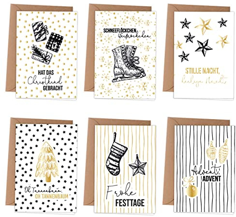 Papierdrachen Weihnachtskarten | 6 weihnachtliche Grußkarten als Klappkarte inklusive Umschlag zur Adventszeit - Stilvolles Design zur Weihnachtszeit - Motiv Schwarz-Weiss - Christmas