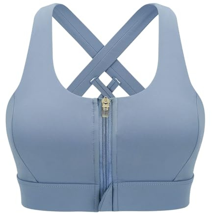 CLOUSPO Women's Sports Bra, Front Fastening, Padded Yoga Bra without Underwire, with Zip Front for Sports, Yoga, Running, Jogging, Fitness, blue, L