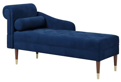 Vesgantti Velvet Chaise Longue, Indoor Lounge Sofa with Left Armrest and Lumbar Pillow, Upholstered Chaise Lounge for Living Room Bedroom and Office, Tool-free Assembly(Blue)