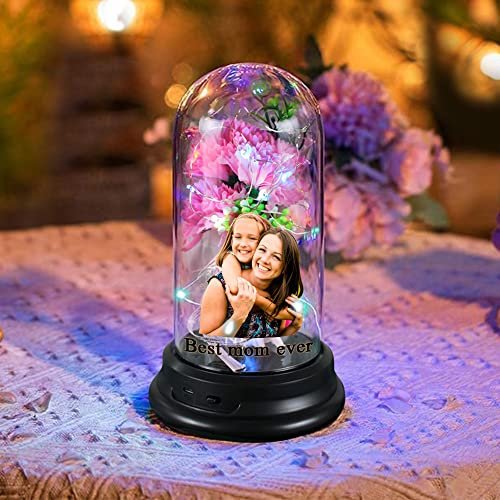 Collienght Benutzerdefinierte Nelke Lampe konservierte Rose in Glaskuppel für immer Blume Nachtlicht ewige Blumen Geschenk(Rosa)