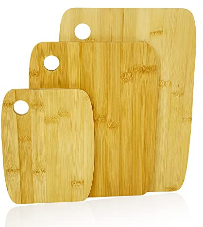 Set of 3 Natural Bamboo Chopping Cutting Slicing Board Set Wooden Serving Platter for Kitchen, Meat & Veggie Prep, Serve Bread, Food Crackers & Cheese (S,M,L)