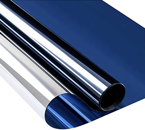 Zindoo Hitzeschutzfolie Fenster Sonnenschutzfolie Fensterfolie 90x400cm | Blau Silber, UV-Schutz, Wärmeschutz, Spiegelfolie mit Sichtschutz tagsüber für Wohnzimmer, Wintergarten und Glastüren