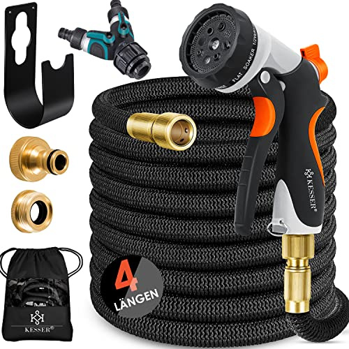 KESSER® flexibler Gartenschlauch 45 m, dehnbarer Flexischlauch, Wasserschlauch mit 3-fach Latexkern, 8 Modi Sprühpistole, Messing Anschlüsse + Wandhalterung, 1/2 & 3/4 Adapter & Tasche, Schwarz