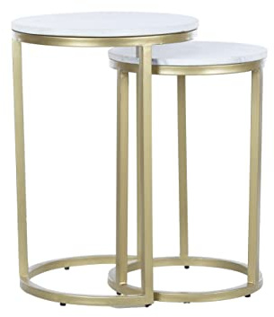 RRI Goods Modern Real Marble Gold Nesting Tables, Round Side End Table Sets, White Marble and Gold Living Room Accent Tables [Set of 2]