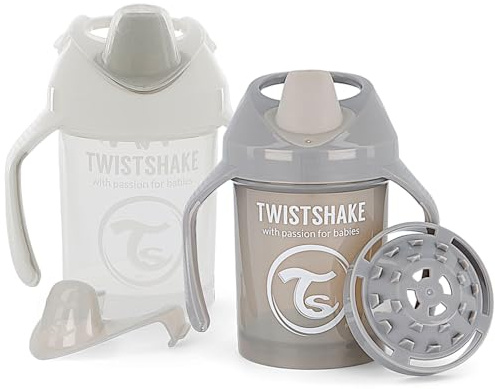 Twistshake 2x Auslaufsichere Mini-Baby-Trinklerntasse mit Weicher Tülle & Fruchtmixer - 230ml | BPA-Frei | Trainingstasse für Kinder | Lernende Baby-Trinkflasche | Grau Weiß