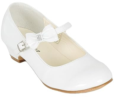 SIRRI Mercedita Niña Tacón Alto Charol Blanco con Tira al Tobillo y Lazo - Ideal para Bodas, Comuniones, Eventos de Confirmación tamaño 36