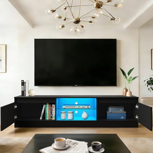 TV Cabinet with LED Light 2 Doors 2 Glass Shelves for Living Room Furniture Sideboard High Gloss Front TV Stand Unit Entertainment Centre TV Console Media Black 160 cm for TVs up to 75 Inches