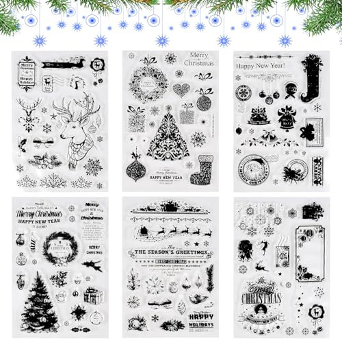FGen Weihnachtsstempel, 6 Blätter Clear Stamp Weihnachten, Frohe Weihnachten Stempel, Silikonstempel Winter, Clear Stempel Set für DIY Bullet Journal Scrapbooking Fotoalbum (Elchhirsch)