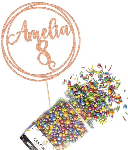 Cakeshop Cake Decoration Pack | Round Happy Birthday Premium Double Sided Glitter Card Cake Topper & 25g Party Pack of Cake Sugar Sprinkles | Custom Name & Age Cake Decorations (Rose Gold)