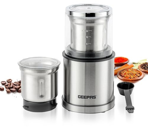 Geepas 200W Electric Coffee Grinder & Food Processor Wet & Dry Grinding | Stainless Steel Blades & Housing 75g Detachable Bowl for Coffee, Spices, Nuts & Chutney | Powerful & Compact Grinder – Silver