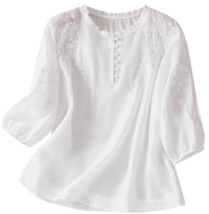 Brodée Chemisier en Coton et Lin à Manches Courte Femme Blouse Vintage Décontractés avec Boutonné Chic et Élégant Hauts Col Rond Fleurs Brodée Rétro T-Shirt Lâche Respirant Coton Lin Confortables