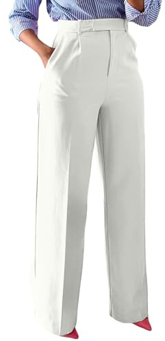 Unybwonn - Pantalones de vestir de pernera ancha para mujer, cintura alta, pernera recta, pantalones para el trabajo, pantalones informales con botones