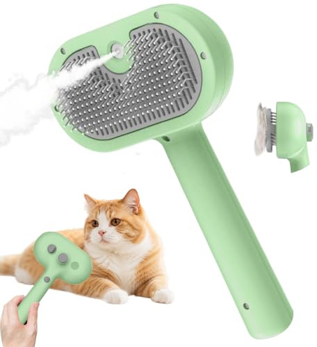BIRDTOBR Steamy Katzenbürste, 3 in 1 Katzenbürste Mit Dampf, Multifunktionale Katzenspray-Massagekamm, Steamy Cat Brush Beseitigen Sie Fliegende Haare mit Einem Knopf für Katze und Hund-Grün