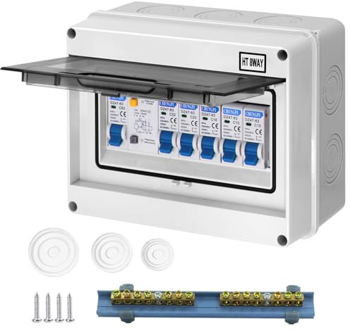 CHENGPI Sicherungskasten Aufputz IP65,Aufputz Verteiler Kleinverteiler,Verteilerkasten für Zuhause/Büro/Einkaufszentrum,Leistungsschalter 63A,Luftschalter +2 * 10A+16A+20A+32A/8-Module