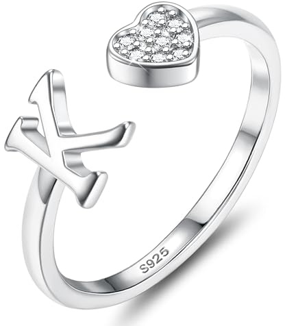 JeweBella Herz Ring Silber 925 Damen mit Buchstaben A-Z Verstellbar | Engagement Promise Ring,Stapeln Daumenring.Fingerring,Eheringe,Verlobungsring, Initiale Ringe Frauen Mädchen mit Box