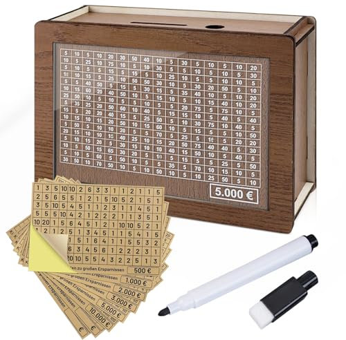 YADODO Goalsaver Box Tirelire en bois avec compteur de 10 000 5000 3000 2000 1000 500 euros avec chiffres à cocher, billets, pièces de monnaie