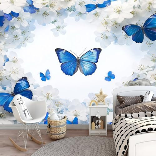 Art Fototapete Blauer Schmetterling 200 x 140 cm Kinderzimmer Blumen Vlies Tapete Moderne UV-Beständig Montagefertig Wohnzimmer Esszimmer Wandtapete
