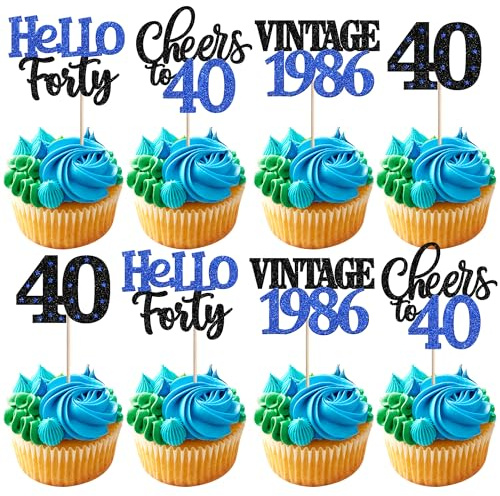 Xsstarmi 24 Pack 40th Birthday Cupcake Toppers Blue Glitter 40 Hello Forty Vintage 1986 Cupcake Picks Cheers to 40 Birthday Cake Decorations for 40 Fabulous Happy 40th Birrthday Party Supplies
