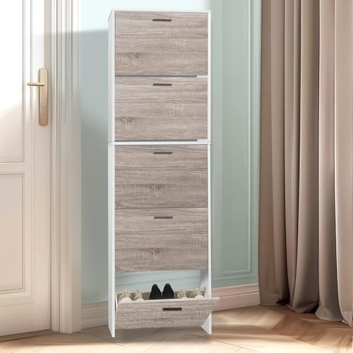 CASABEL Scarpiera Portascarpe 15 Paia - Armadio Mensola Grande Capacità per Ingresso, Corridoio - L60xP17xH180 cm - Porte Legno Chiaro Telaio Bianco